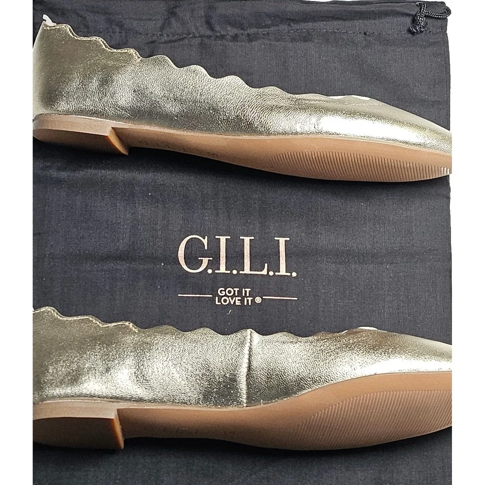 G.I.L.I.‎ Izzy Gold Metallic Scalloped Leather Ballet Flats womens 5.5 A274340